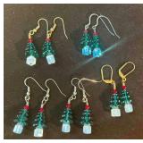 Fie Pairs Of Beaded Christmas Tree Earrings