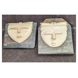 2 Vintage Carved Masks Mounted on Ebony in Japanes