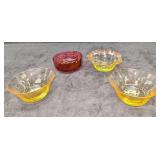 4 Vintage Yellow & Cranberry Small Glass Bowls