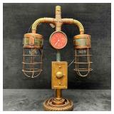 Industrial Steampunk Dual Cage Lamp with Vintage G Industrial Steampunk Dual Cage Lamp with Vintage G