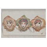 Three Paper Mache Masks On Signed Canvas Three Paper Mache Masks On Signed Canvas