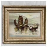 P. Wong Oriental Chinese Fishing Junk Boats Oil on P. Wong Oriental Chinese Fishing Junk Boats Oil on