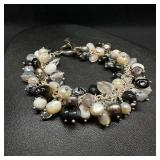 Sterling Silver Black, White, & Grey Stone Bead Br Sterling Silver Black, White, & Grey Stone Bead Br