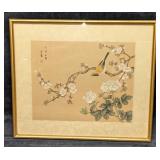 Framed Vintage Watercolor On Silk Bird & Flowe Framed Vintage Watercolor On Silk Bird & Flowe
