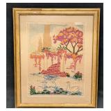 Vintage Framed Cross Stitch Swan Lake