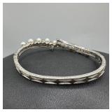 14k White Gold Diamond & Pearl Hinged Bangle