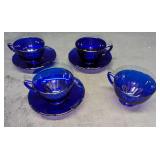4 Cobalt Blue Glass Cup And 3 Saucers