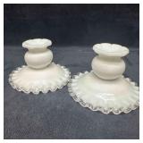 Pair of Milk Glass Candleholders with Clear Ruffle