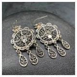 .800 Silver Flower Filigree Dangle Earrings
