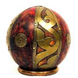 Decorative Burl Wooden Brass & Leather Ball With C