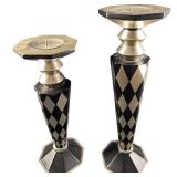 Pair Of Modern Black & Silver Wood Candlestick Hol