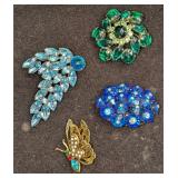 4 Vintage Colorful Gold Tone Rhinestone Pin Brooch