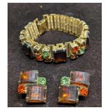 Smokey Topaz Gemstone Gold Tone Bracelet And Earri
