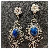 .800 Silver Deco Style Blue Cabochon Earrings