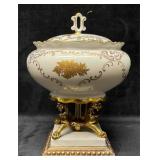 Vintage Porcelain Lidded Candy Dish With Brass Leg