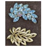 Aurora Borealis Faceted And Gold Tone Leaf Brooche