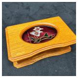 Vintage Mele Wooden Jewelry Box with Cloisonne Flo