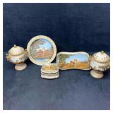 Antique Porcelain Vanity & Table Set Five Pieces w