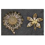 Vintage Gold Tone And Gold Plated Flower Brooches