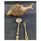 Vintage Brass Indian Dhokra Fish & Fork & Spoon