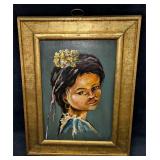 Vintage Framed Oil On Wood Young Lady