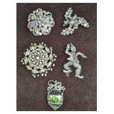 5 Vintage Rhinestone Pewter Silvertone Brooches