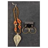 Necklace and Earrings Orange and Gold Color