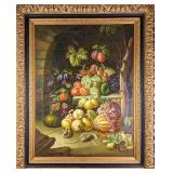 Large Framed Oil On Canvas Fruit And Veggies J