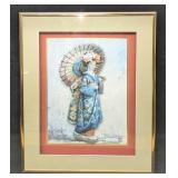 Vintage Framed Joan Pifarre 3D Geisha Girl With Um