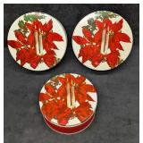 3 Vintage Christmas Poinsettias Candles Round Tins