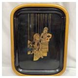 Toleware Serving Tray Framed Gold Black Lacquer Pu
