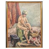 Vintage Framed Nude Woman Watercolor On Canvas