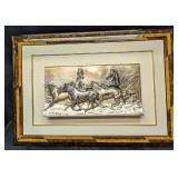 Framed Metal Silver Plate Horses Relief Sculpture