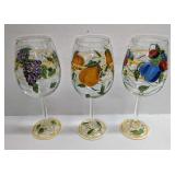 3 Hand Painted Wine Glasses With Fruit Designs D