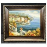 Framed Oil On Canvas Seaside Town