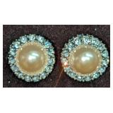 Kenneth Jay Lane Rhinestone Pearl Earrings Clip On