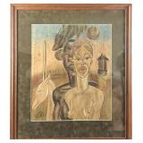 Vintage Mixed Media Nude Tribal Couple US Army