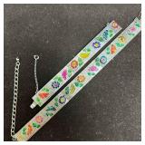 Silver Tone Floral Painted Panel Link Bracelet and