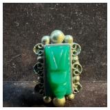 Carved Green Onyx Gemstone Face Tribal Mask Sterli