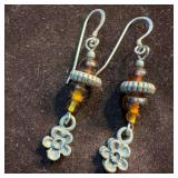 Amber Beaded Sterling Dangle Flower Accent Earring