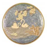 Vintage Brass Enamel Swans Plate
