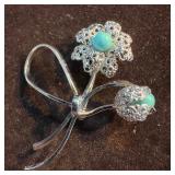 Wells Sterling Turquoise Flower Brooch Pin A47