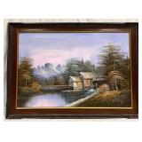 Large Signed Oil On Canvas Cabin On The Lake (JB22