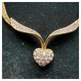 Gold Filled Heart Necklace with Rhinestones V Shap