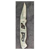 Damascus Steel Fold Up Black Bone Handle Knife Ret