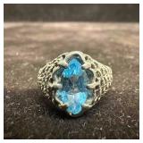 Blue Topaz Estate Ornate Mesh Sterling Silver Ring
