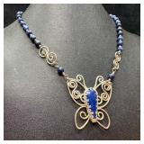 Sterling Lapis Bead Butterfly Necklace