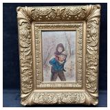 Antique Oil Painting of Two Children in Winter lan