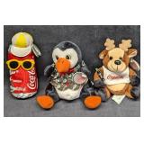 3 Coca-Cola Bean Bag Plush Dolls Penguin Reindeer
