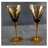 JB 2 Mikasa Amber Crystal Blossom Wine Glasses